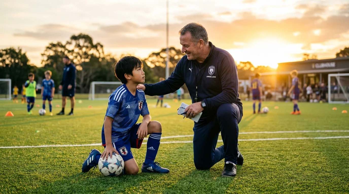 芝生ピッチで優しい笑顔で少年に寄り添いアドバイスを送るサッカースクールのコーチ
