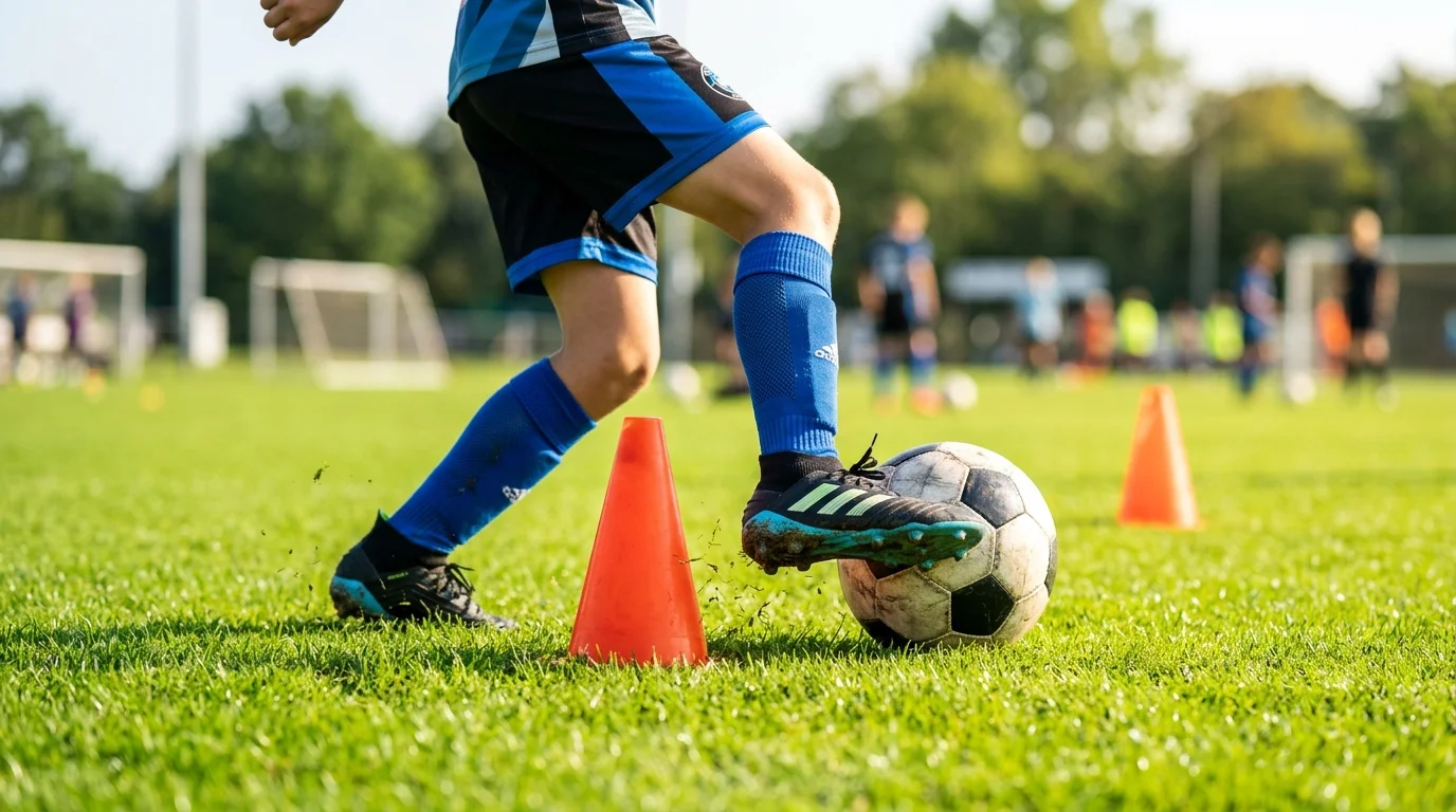 コーンを使い利き足の繊細なボールコントロールを磨くジュニアサッカーのトレーニング
